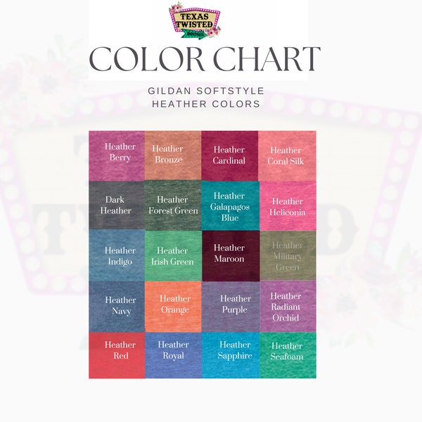 Color Chart for Gildan Softstyle Shirts | Heather Colors Chart | 64000 Unisex Tshirt Color Chart | Color Mock-up | Small Business Tool