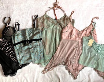 Vintage Y2K 00's mesh fairy beaded corset basque coquette whimsy gothic deadstock cami tank tops - size S-M