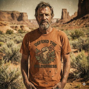 May include: An orange t-shirt with the words "DEFEND THE WILDERNESS" printed on the front. The graphic features a fist holding a wrench, surrounded by leaves. The shirt is worn by a person standing in a desert landscape.