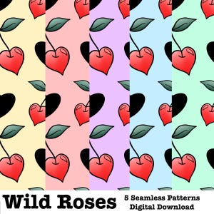 Peut inclure: Cinq motifs sans couture avec un motif répété de cerises rouges, de moitiés de cerises noires et de feuilles vertes sur des fonds jaunes, roses, violets, bleus et verts. Le texte "Wild Roses" et "5 Seamless Patterns Digital Download" est en bas.