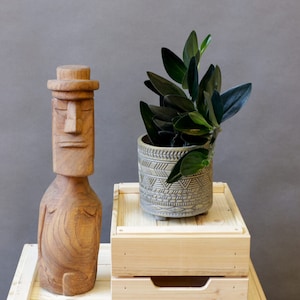 May include: A wooden carved statue of a person wearing a hat, next to a potted plant with dark green leaves in a patterned ceramic pot. The plant and statue are on a wooden shelf with two drawers.