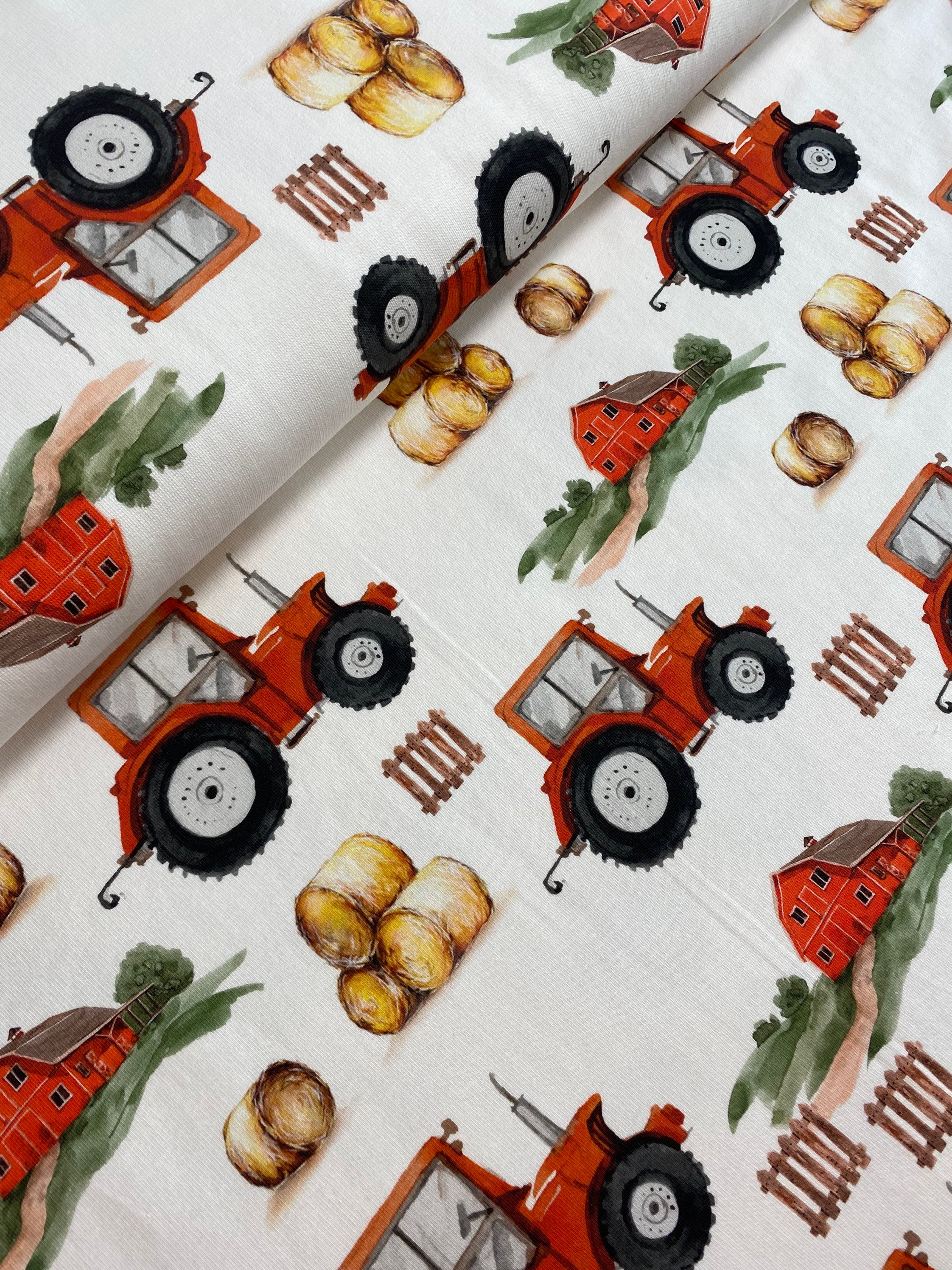 Cotton fabric jersey tractors fabric farm hay bales green Etsy