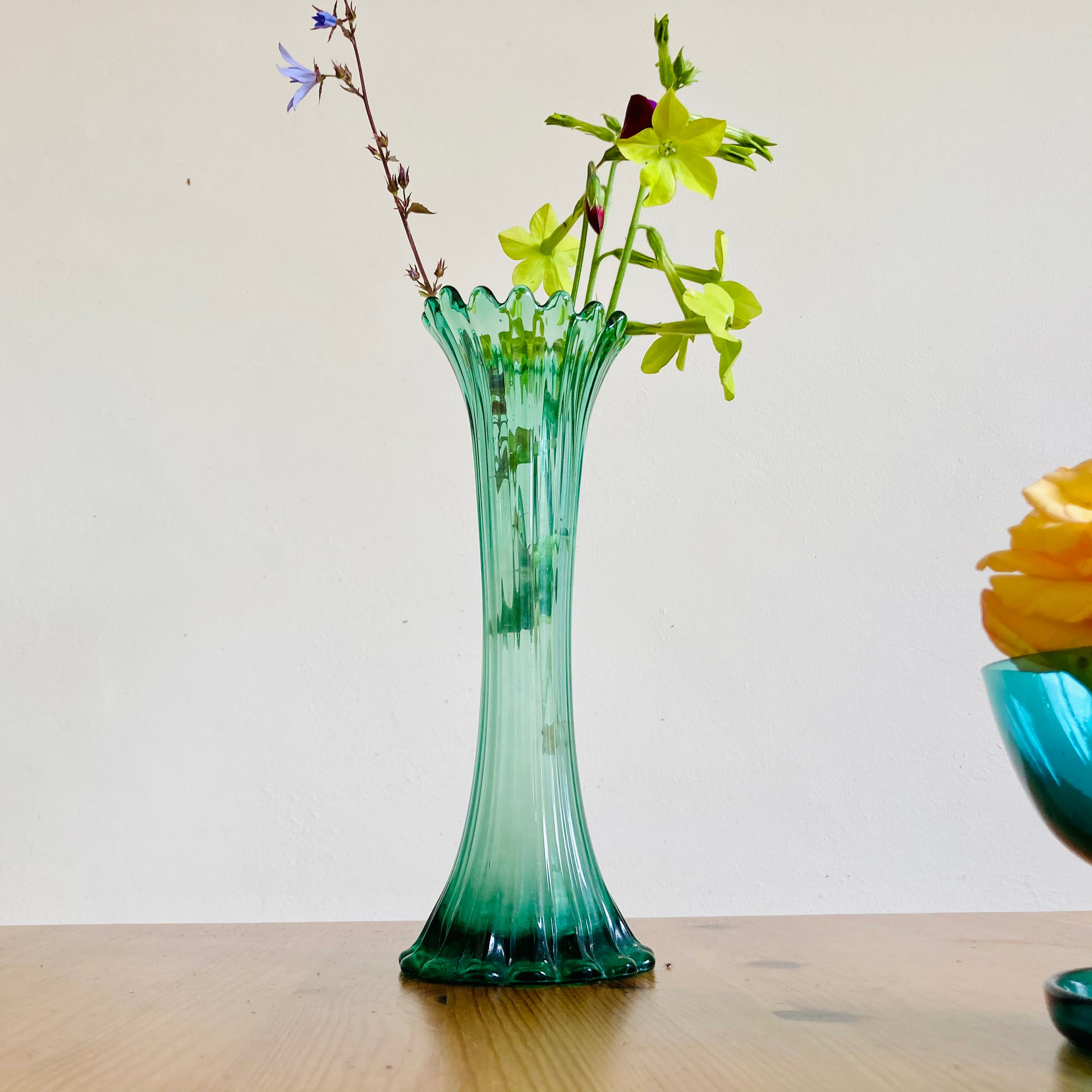 Vintage green glass fluted ripple vase Etsy