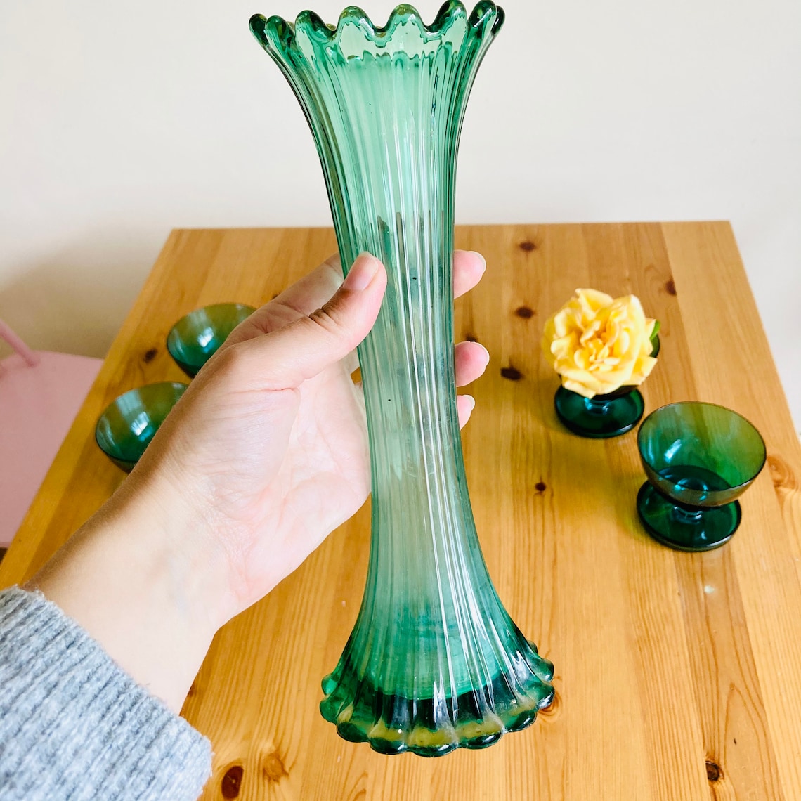 Vintage green glass fluted ripple vase Etsy