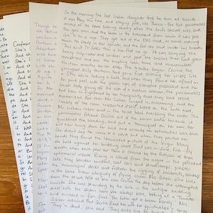 Puede incluir: Una nota escrita a mano con tinta azul sobre papel blanco. La nota cuenta la historia de una familia y sus luchas contra el suicidio. La nota menciona a una familia llamada Lisbon y a sus hijas, Mary, Therese y Cecilia. La nota tambi&eacute;n menciona a un param&eacute;dico que dice: "Esto no es la televisi&oacute;n, as&iacute; de r&aacute;pido vamos."
