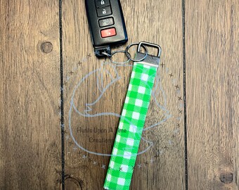 Green and White Plaid Print Cotton Key Fob Wristlet