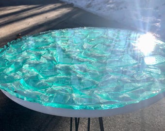 Handcrafted Turquoise Resin Side Table: Cracked Ice Effect, Black Metal Legs/ coastal decor