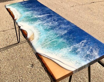 Resin Beach Coffee Table: Epoxy Ocean Decor, Coastal Entryway Bench (36 inch)