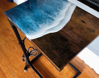Resin Beach Side Table, Adjustable Height C-Table, Coastal Decor (18-32 inch)