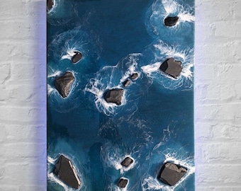 Resin beach wall art illuminated from the back rocks crashing