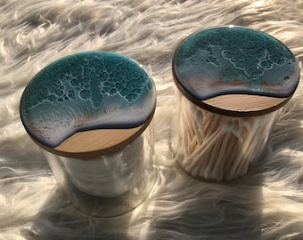 Resin Beach Glass Jars with Lids: Coastal Bathroom Decor - Set of 2