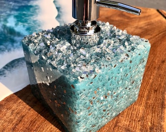 Handcrafted Resin Soap Dispenser with Crushed Glass – Beach Bathroom Decor/ color of your choice