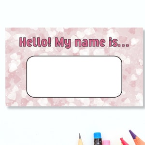 Blanko-Namensschild zum Ausdrucken - Pinke Herzen Hello My Name Is-Namensschild - Druckbares Namensschild für den Schreibtisch - Namensschild für die Konferenz