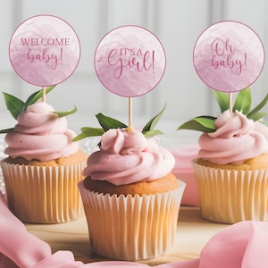 Printable Pink Watercolor Cupcake Toppers: Gender Reveal, Baby Shower (Digital Download)