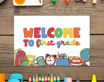 "Druckbare Willkommen in der ersten Klasse Postkarte: ""Lehrer-Karte zum Ausdrucken"" (PDF- und PNG-Dateien)"