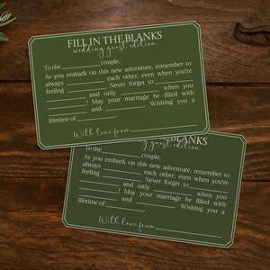 Tarjetas con consejos para bodas para completar los espacios en blanco - Tarjeta de invitado a la boda imprimible de 6 x 4 - Libro de invitados de boda en verde terroso - Recuerdo único y alternativo