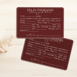 Tarjetas de felicitación para boda con espacios en blanco - Tarjeta de consejos para invitados a la boda imprimible de 6 x 4 pulgadas - Libro de visitas de boda en color burdeos - Alternativa única