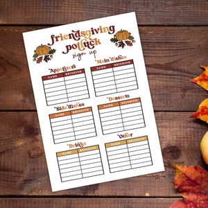 May include: A Friendsgiving potluck sign-up sheet with sections for appetizers, main dishes, side dishes, desserts, drinks, and other. The sheet is decorated with pumpkin and leaf illustrations. The background features pumpkins, apples, and fall leaves.