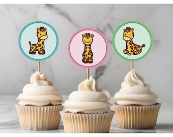 Adornos imprimibles para cupcakes con forma de jirafa – Decoración para fiestas (Descarga digital)