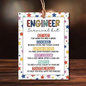 Op de afbeelding: Een witte kaart met kleurrijke sterren en de tekst "ENGINEER Survival kit" met een lijst van snoepjes en lekkernijen met beschrijvingen. De tekst bevat: "KIT KAT voor wanneer je een pauze nodig hebt", "COOKIES omdat je een taaie cookie bent", "LEMON DROPS om zure momenten zoeter te maken", "HOT COCOA voor een knusse pauze na een lange dag", "M&M'S om wat kleur aan je dag toe te voegen", "TOOTSIE ROLLS om je te helpen rollen met de klappen".