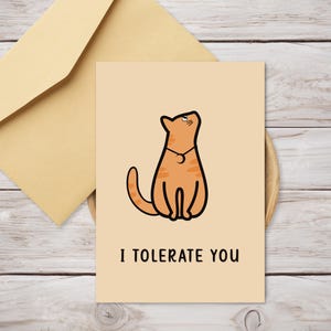 Tarjeta de aniversario con un gato divertido para imprimir - Tarjeta con temática de gato sarcástico - Tarjeta "Te tolero" - Tarjeta de San Valentín de Ginger Cat