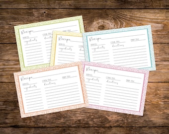 May include: Four printable recipe cards with a floral pattern border. Each card has sections for "Serves", "Ingredients", "Cook Time", "Directions", and "Prep Time".