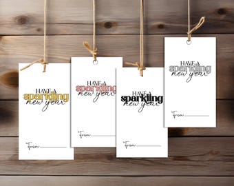 Etiquetas brillantes para recuerdos de Año Nuevo: oro, plata, oro rosa y negro (PDF imprimible)