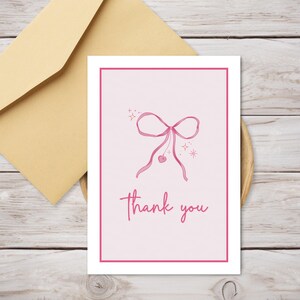 Printable Thankyou Cards - Pink Bow Thank You Card - Coquette Thankyou Cards for Parties - Wedding Thank You - Small Thanks Card