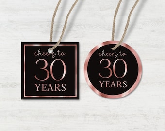 Printable Cheers to 30 Years Favor Tags: Black and Rose Gold (Digital Download)