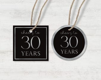Printable Cheers to 30 Years Favor Tags: Black and Silver Printable (PDF)