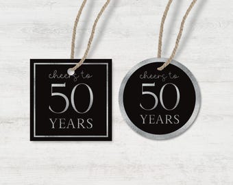 Printable Cheers to 50 Years Favor Tags: Black and Silver (Digital Download)