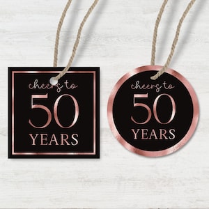 Druckbares Prost zu 50 Jahre Tags 2er-Set - Schwarz und Roségold Herunterladbares Favor Tag - Druckbar sofort heruntergeladen - 50