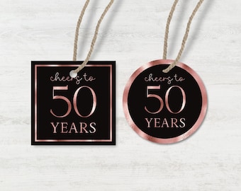 Cheers to 50 Years Tags: Black and Rose Gold Favor Tags (Printable)