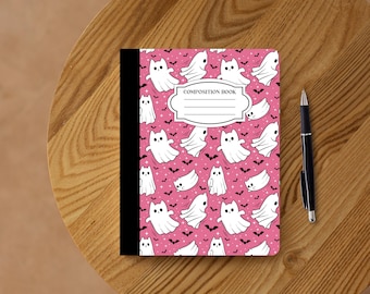 Druckbare Pink Ghost Cat Zusammensetzung Notebook png Cover: Back to School Notebook (Digitaler Download)