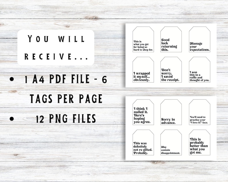 Puede incluir: Un conjunto de 12 etiquetas para regalos imprimibles con frases divertidas. Las etiquetas son de texto negro sobre fondo blanco. Las etiquetas est&aacute;n dise&ntilde;adas para imprimirse en papel A4 e incluyen 6 etiquetas por p&aacute;gina. Las etiquetas tambi&eacute;n est&aacute;n disponibles como archivos PNG individuales.