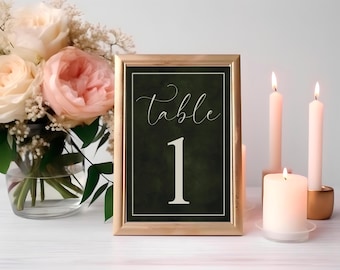 Printable Forest Green Watercolor Table Number Signs: Elegant Wedding Decor (PDF & PNG)