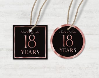 Printable Rose Gold 18th Birthday Favor Tags: Cheers to 18 Years