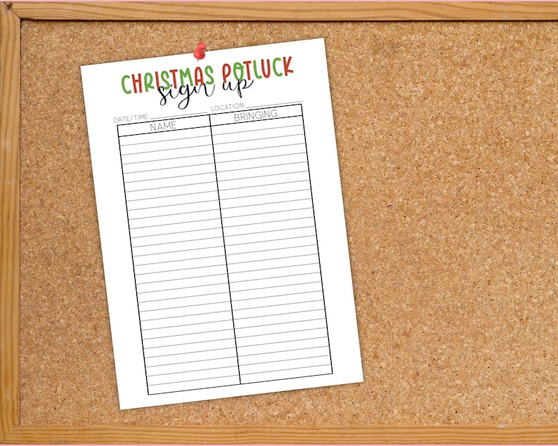 Pot Luck Sign up Sheet - Printable Christmas Potluck List - Christmas ...