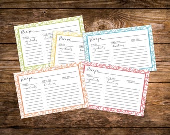 May include: Five recipe cards with a floral design. Each card has sections for "Serves", "Ingredients", "Cook Time", "Directions", and "Prep Time".