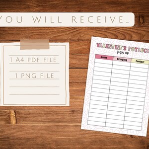 May include: Printable Valentine's Day potluck sign up sheet with pink and yellow hearts. The sheet has columns for name, bringing, and contact information.