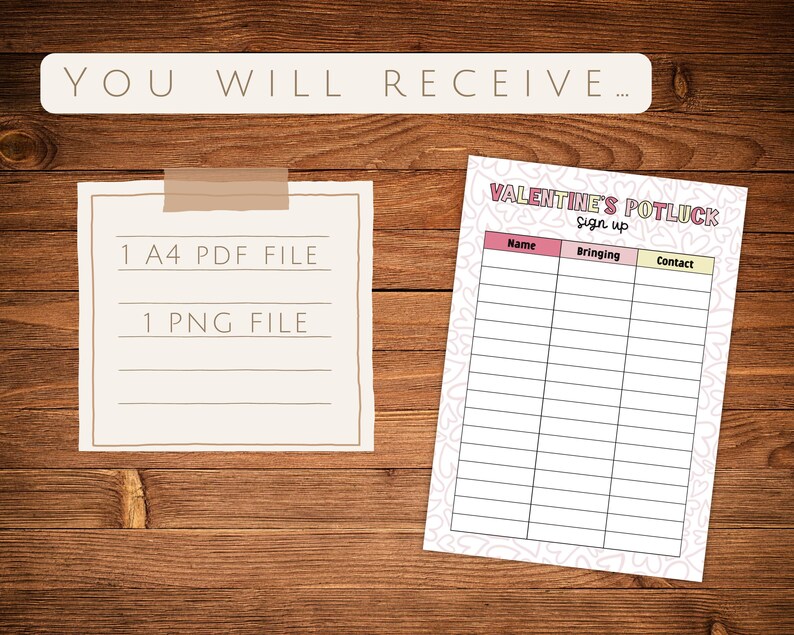 May include: Printable Valentine's Day potluck sign up sheet with pink and yellow hearts. The sheet has columns for name, bringing, and contact information.
