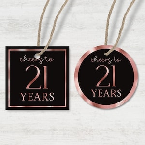 Druckbare Prost zu 21 Jahre Tags 2er-Set - Schwarz und Rose Gold Herunterladbare Favor Tag - Printable sofort heruntergeladen - 21. Geburtstag Tag
