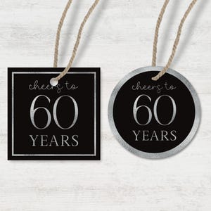 Druckbares Prost bis 60 Jahre Tags 2er-Set - Schwarz und Silber Herunterladbares Favor Tag - Druckbar sofort heruntergeladen - 60