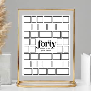 May include: A gold-framed printable checklist with 40 blank squares and the text "forty things to do in your forties".