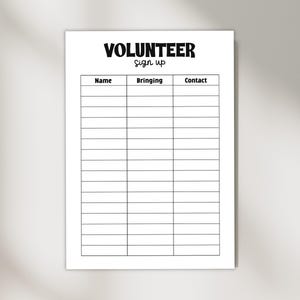 Printable Volunteer Sign Up Sheet: Black and White Event Form (PDF/PNG)