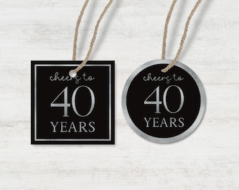 Etiquetas imprimibles para celebrar los 40 años: negras y plateadas (descarga digital)