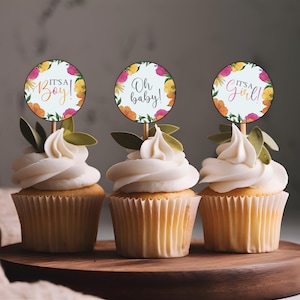 Printable cupcake toppers set of 3 - Baby Shower cake toppers -Floral Baby Shower Decor - Oh Baby Round Toppers - Baby in Bloom Baby Shower
