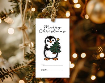 May include: A white gift tag with a black and white cartoon penguin holding a small green Christmas tree. The tag says "Merry Christmas" and has blank lines for "To" and "From".