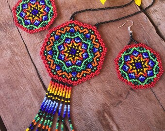 Set of earrings and mandala necklace woven with crystal mustache.