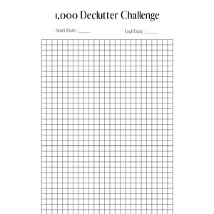 Op de afbeelding: Een zwart-wit raster met 1.000 vierkanten voor een opruimuitdaging. De tekst "1.000 Declutter Challenge" staat bovenaan het raster. De tekst "Start Date" en "End Date" staat onder de titel met lege regels die de gebruiker kan invullen.